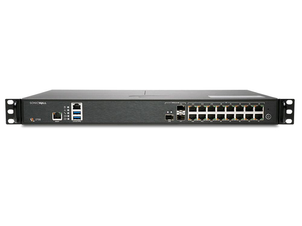 SONICWALL's NSa 2700 Secure Upgrade Plus, Essential Edition 3YR, is a high-performance wired firewall designed to protect enterprise networks. With 23 Ethernet ports including 16x1GbE and 3x10G SFP+, this 1RU appliance supports secure remote access, advanced threat detection with RTDMI, and integrated SD-WAN functionality. It delivers up to 10 Gbps throughput and strong remote management capabilities, ensuring scalable protection with investment value.