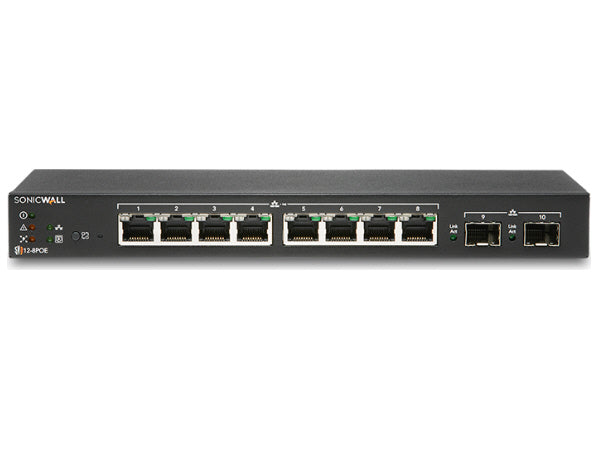 The SONICWALL SWS12-8 is a compact desktop Gigabit Ethernet switch featuring 10 total ports, including 2 SFP uplinks. Designed for wired networking environments, it includes essential features like SNMP monitoring and static routing. With 256MB RAM and robust Layer 2 capabilities, it's ideal for SD-Branch deployments and centralized network management.