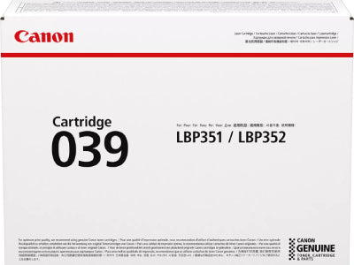 The Canon 0287C001 Cartridge 039 delivers reliable, professional-quality black printing for high-volume business environments. With a page yield up to 11,000 sheets, this toner is engineered for Canon LBP351dn and LBP352dn laser printers, ensuring consistent output and optimal performance. Manufactured in Japan with TAA compliance, it’s an ideal choice for government and enterprise use.