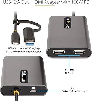 StarTech USB-C/USB-A to Dual HDMI 4K Adapter with PD Pass-Through – 1ft