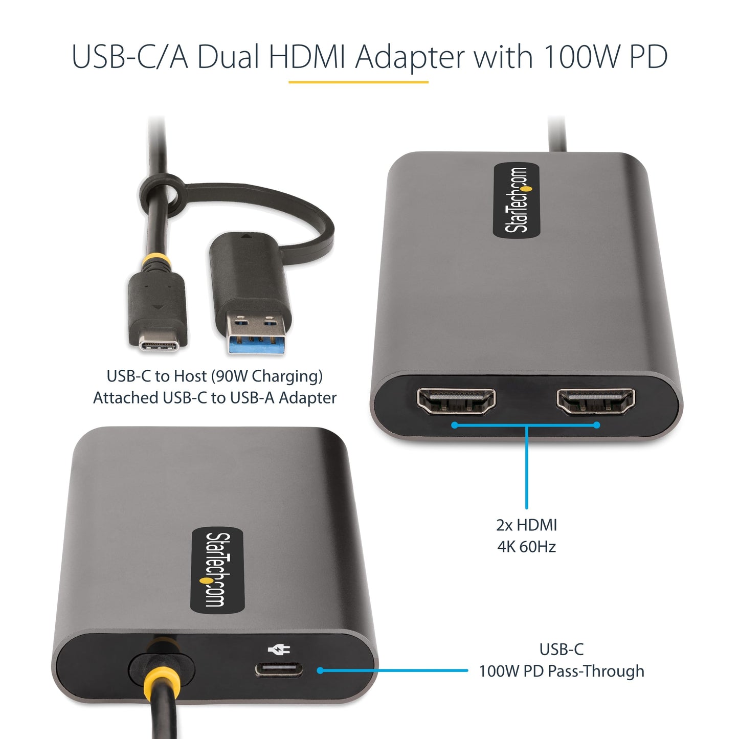 StarTech USB-C/USB-A to Dual HDMI 4K Adapter with PD Pass-Through – 1ft