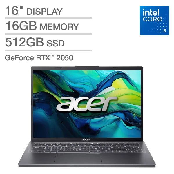 Ordinateur portable ACER 16 pouces WUXGA IPS, Intel Core 5 120U, SSD 512 Go