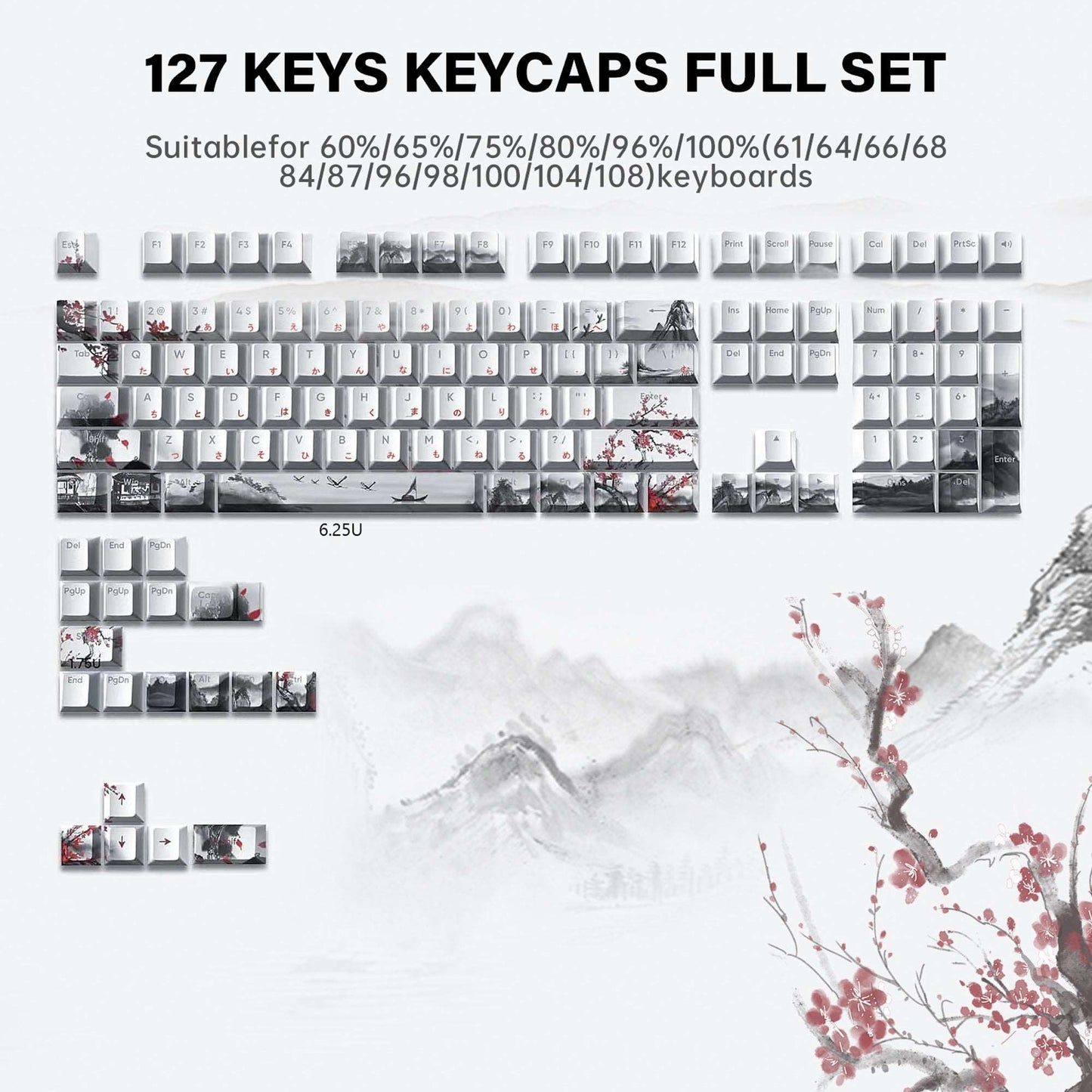 XVX Plum Blossom Cherry Profile Double shot 5-sided Dye-Sub PBT Keycap Set (127-Key)