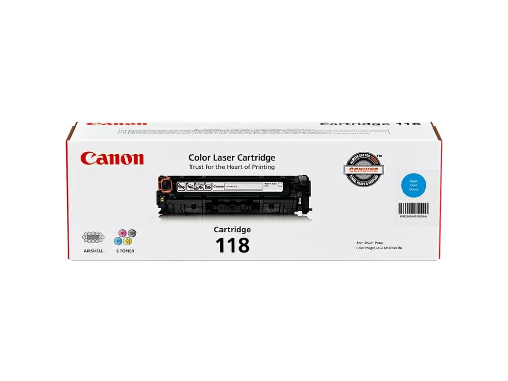 The Canon Cartridge 118 Cyan Toner is designed for high-performance Canon laser printers and multifunction devices, delivering consistent color output for professional results. Compatible with various Canon imageCLASS models, it provides an estimated yield of 2,900 pages at 5% coverage, making it ideal for business environments with color printing needs. Its TAA-compliant and Japanese-made construction ensures quality and reliability.