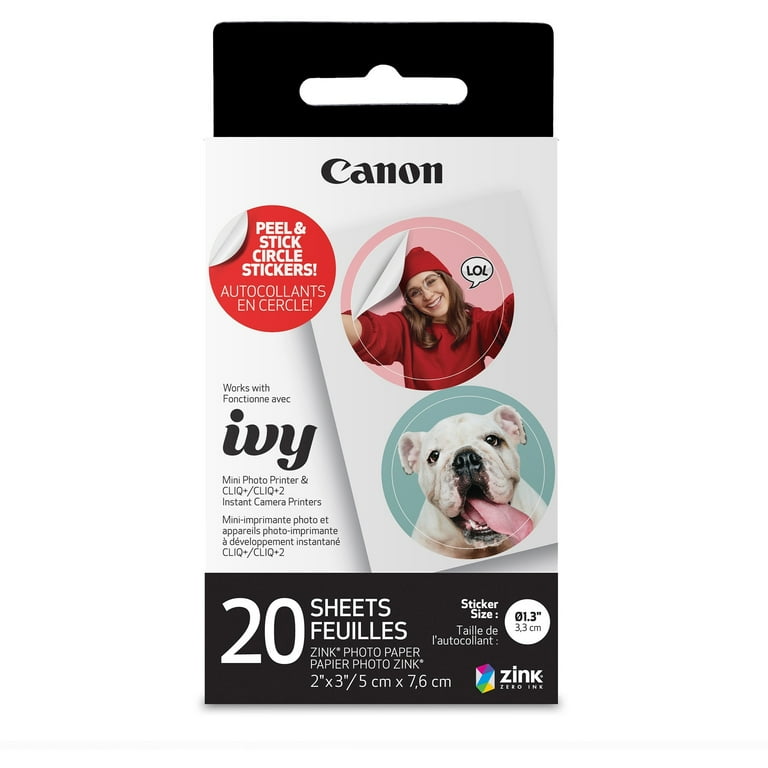 Pack de papier autocollant circulaire prédécoupé Canon Zink, 2" x 3", 20 feuilles