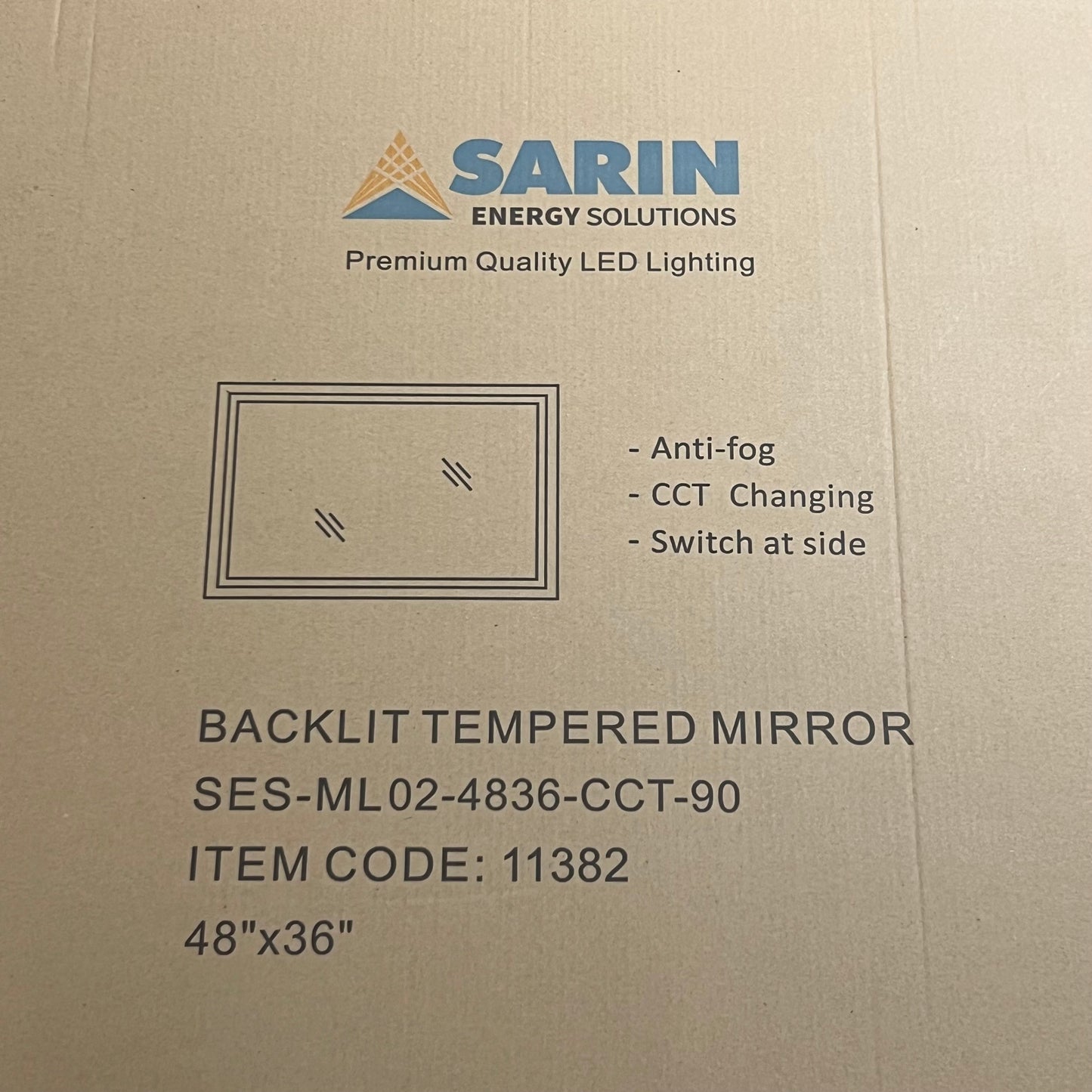 SARIN LIGHTING LED Tempered Bathroom Mirror w/ BackLit Anti-fog 48”x36” 11382
