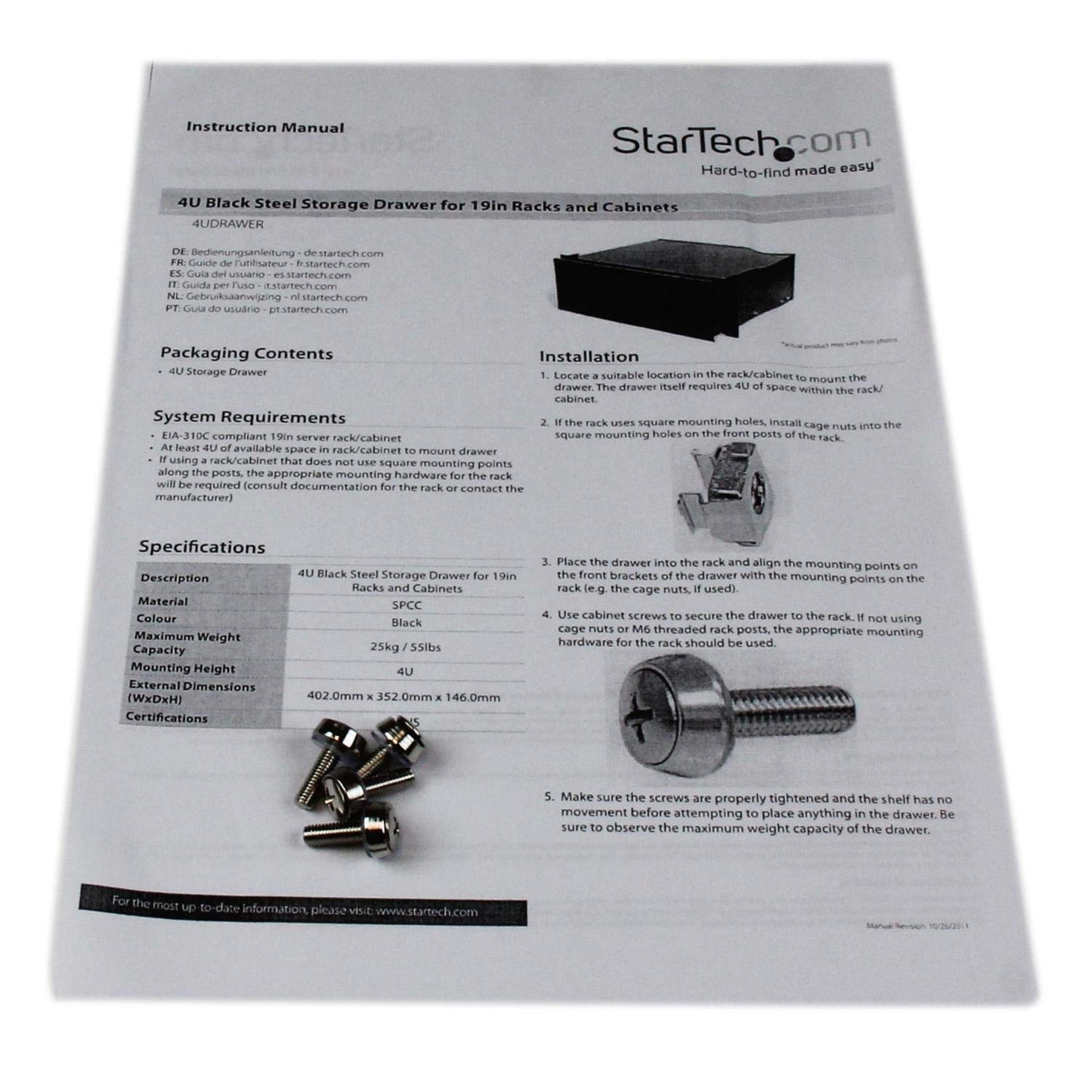 StarTech 4U Rack Mount Drawer - Steel - 55lb Capacity - Black