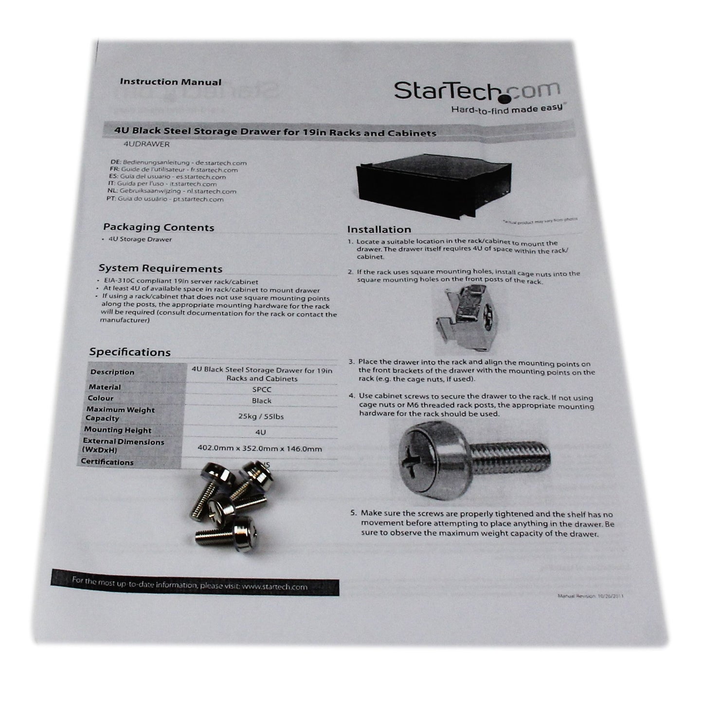 StarTech 4U Rack Mount Drawer - Steel - 55lb Capacity - Black