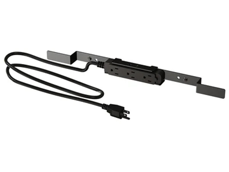 This Peerless electrical outlet includes a black three-outlet power strip with a 20-foot (5m) cord and US-style plug. Designed for seamless integration with SmartMount SR Flat Panel Carts and SS Flat Panel Stands, it provides a reliable power solution with a clean and manageable cord system.