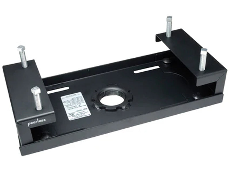 The PEERLESS ACC558 I-Beam Clamp securely mounts audiovisual support systems to structural I-beams ranging from 4 to 8 inches wide. Ideal for projector or display installations, it features a 1 1/2" 11.5 NPS fitting for easy connection to an extension column. Finished in black powder coat and supporting up to 250 lbs (113 kg), it provides durable and stable infrastructure integration.