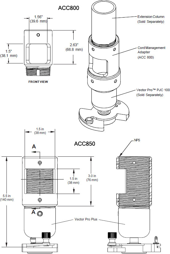 Connecteur de colonne d'extension Peerless ACC850S avec gestion des câbles, argent