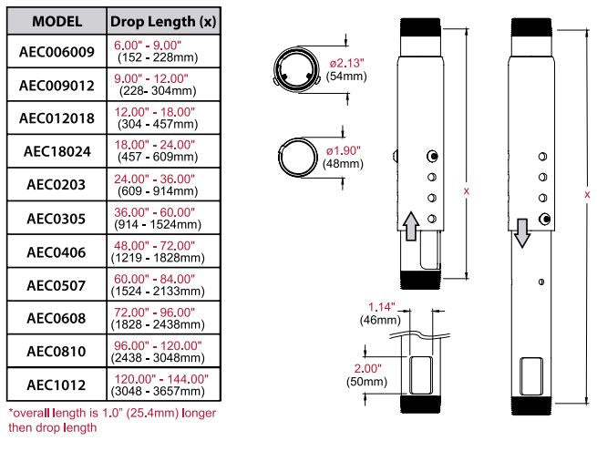 Colonne d'extension réglable Peerless AEC018024, 18 à 24 po, noire