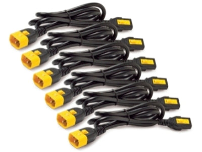The APC Power Cord Kit includes six black locking power cables, each with C13 to C14 connectors and a 0.6-meter length. Designed for enterprise power distributions, these cords provide secure connections and comply with key safety standards, making them ideal for rack environments.