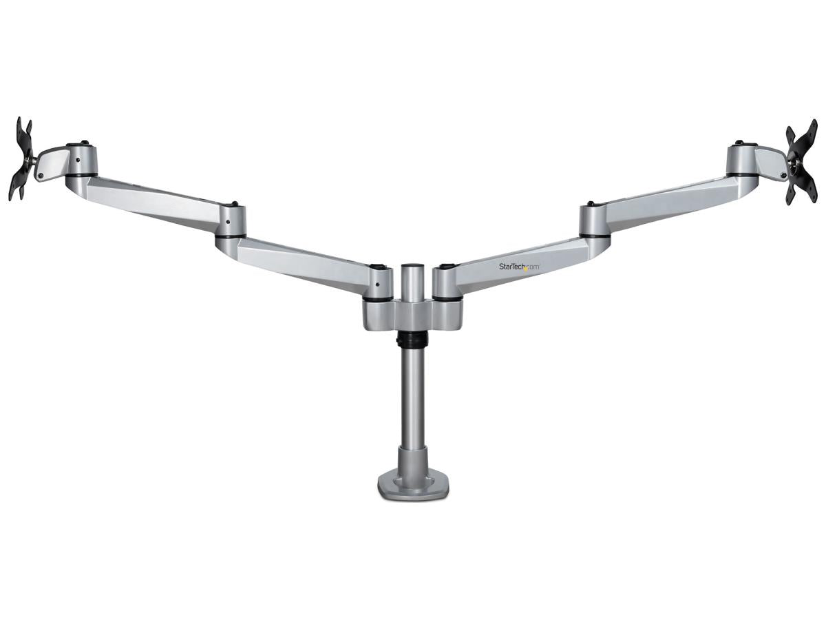 This STARTECH Premium Desk Mount Dual Monitor Arm offers superior ergonomic flexibility for dual 27-inch (17.6 lb/each) displays. Designed for comfort and versatility, this aluminum desk mount supports VESA 75x75/100x100 mm and features full 360-degree rotation, generous tilt, and easy tool-less assembly. Ideal for TAA-compliant environments that demand high-quality workspace solutions.