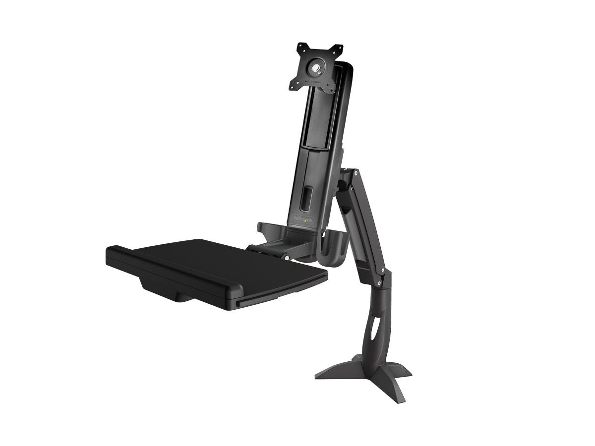 Upgrade your workspace ergonomics with the StarTech Sit-Stand Monitor Arm 34in - a versatile, desk-mounted solution supporting single monitors up to 34 inches and 17.6 lbs. Featuring full adjustability, a folding keyboard tray, and integrated cable management, it's ideal for creating a flexible, height-adjustable workstation. Built with steel, aluminum, and plastic components, this ergonomic converter is TAA compliant and suited for home and office use alike.