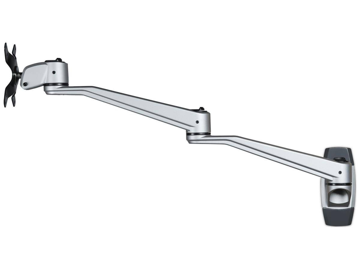 The STARTECH Long Wall Mount Monitor Arm is a VESA-compatible articulating arm designed for single displays up to 34 inches and 30.9 lbs. It provides full tilt, swivel, and 360-degree rotation, allowing for personalized ergonomic viewing and effortless adjustment. With a reach of 20.5 inches and fold-back capability to 5.1 inches, this aluminum arm combines space efficiency, cable management, and a durable 10-year warranty for added value.