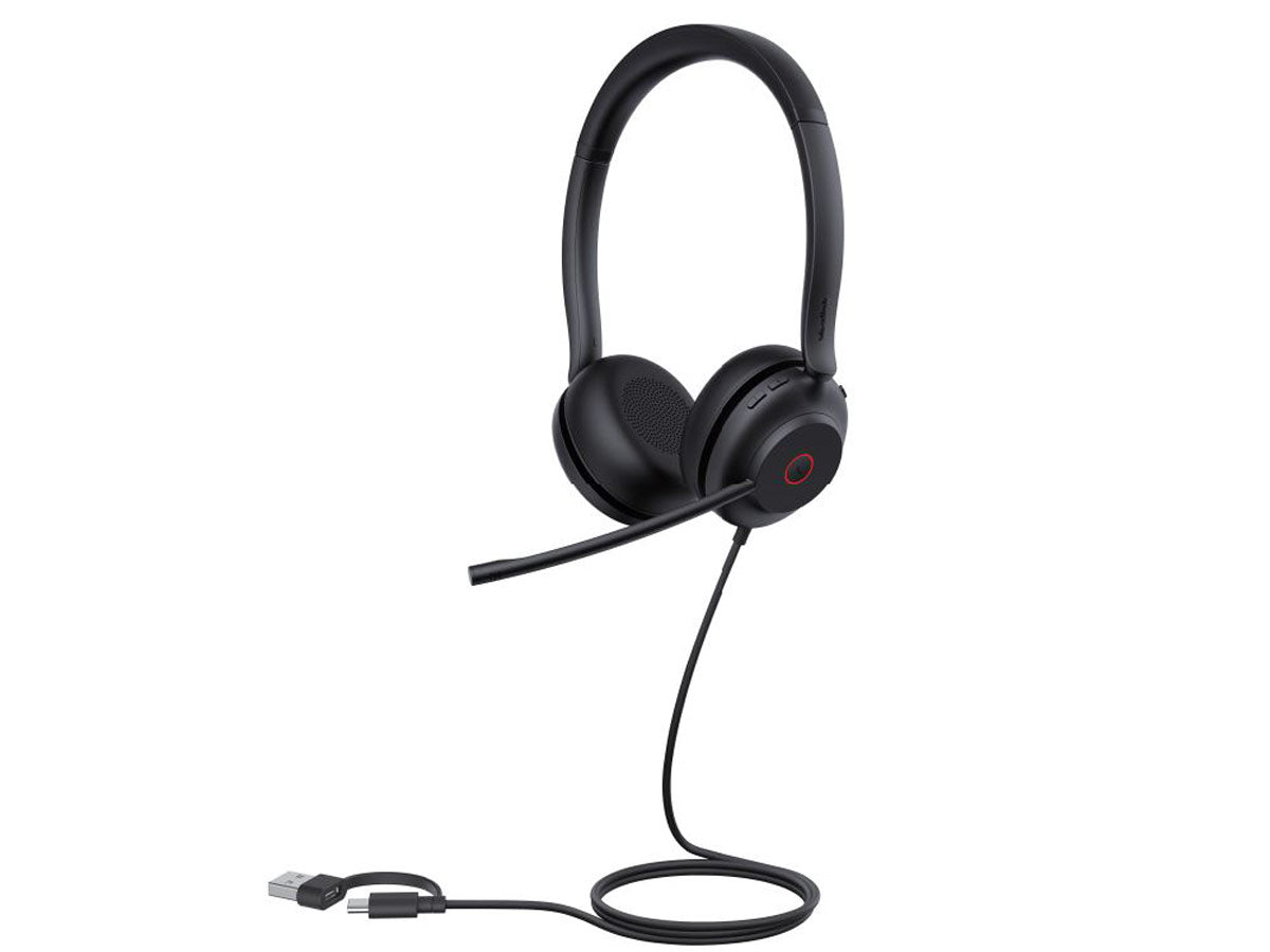 The YEALINK UH35 Dual Teams USB-C/A is a Microsoft Teams-certified wired headset designed for professional communication environments. Featuring dual noise-canceling microphones, stereo sound output, and leather ear cushions, this over-the-head binaural headset offers enhanced comfort and clear audio. It connects via USB-A or USB-C and includes a convenient busy light for workplace efficiency.