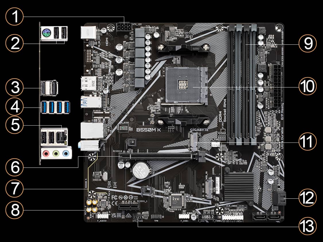 GIGABYTE B550M K Micro ATX AMD B550 Motherboard, Socket AM4, DDR4, 128GB