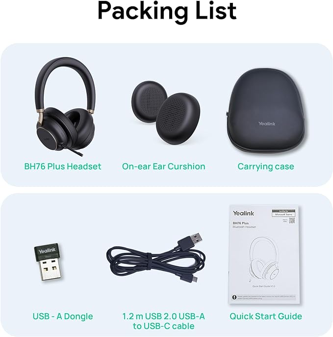 Casque sans fil supra-auriculaire Yealink BH76 Plus UC, USB-A, noir