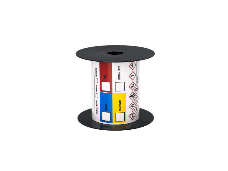 4in x 6in GHS preprinted thermal transfer label by Brother, designed for secondary container labeling. Made from 3mil durable material with over 5 years of longevity, this white label is compatible with BMSLPR03xx ribbons and features a 5in outer diameter on a 1in core. Each roll yields 250 labels.