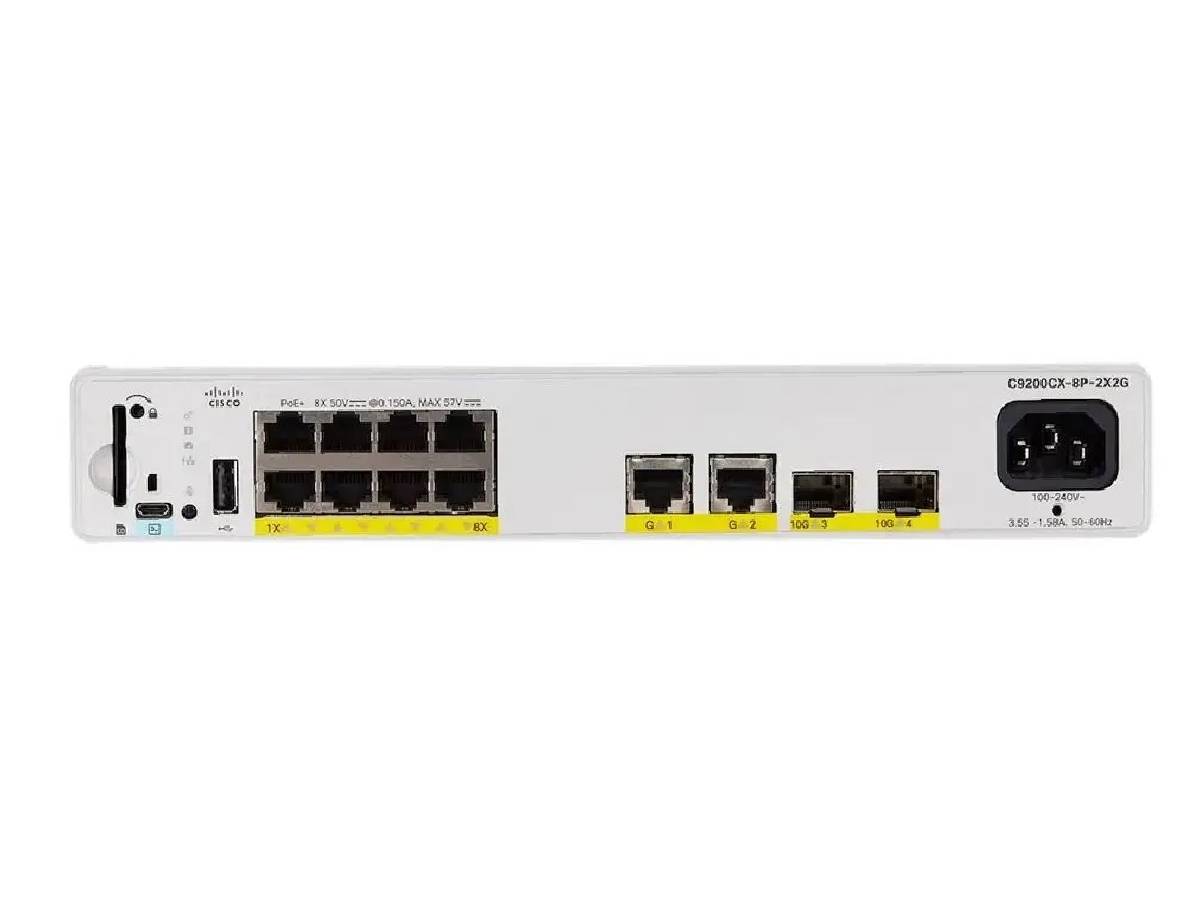 The Cisco Catalyst 9200CX is a compact, high-performance Layer 2/3 managed switch designed for secure, scalable connectivity in enterprise networks. Featuring 8 1G PoE+ ports with 240W total power and four uplink ports (2x 10G SFP+ and 2x 1G copper), it delivers robust flexibility and high throughput. Built for lasting operation, the switch includes 4GB RAM, 8GB flash memory, and a limited lifetime warranty for enterprise-grade reliability.
