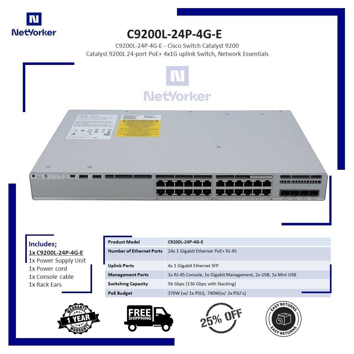 Commutateur Cisco C9200L 48 ports POE+ avec Network Essentials pendant 1 an