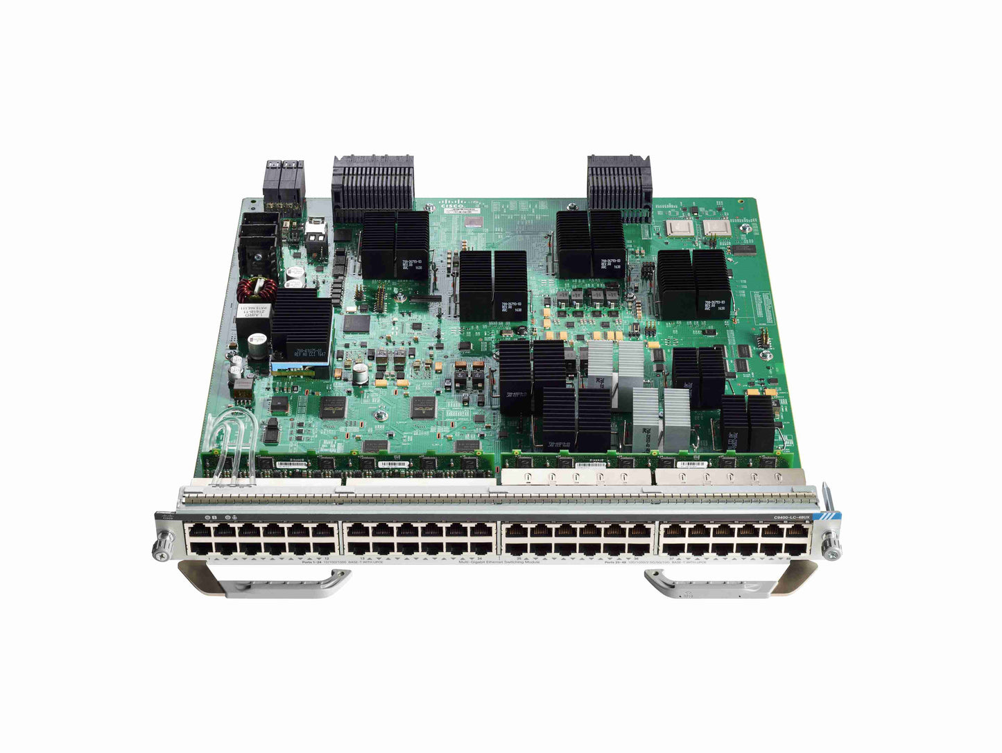 The Cisco Catalyst 9400 Series 48-Port UPOE Line Card with 24 Multigigabit ports and 24 standard RJ-45 ports supports high data throughput and power delivery. Designed for next-generation workspaces, it enables multigigabit speeds and up to 60W of power output per port using Cisco UPOE, efficiently supporting IP devices over existing cabling infrastructures.