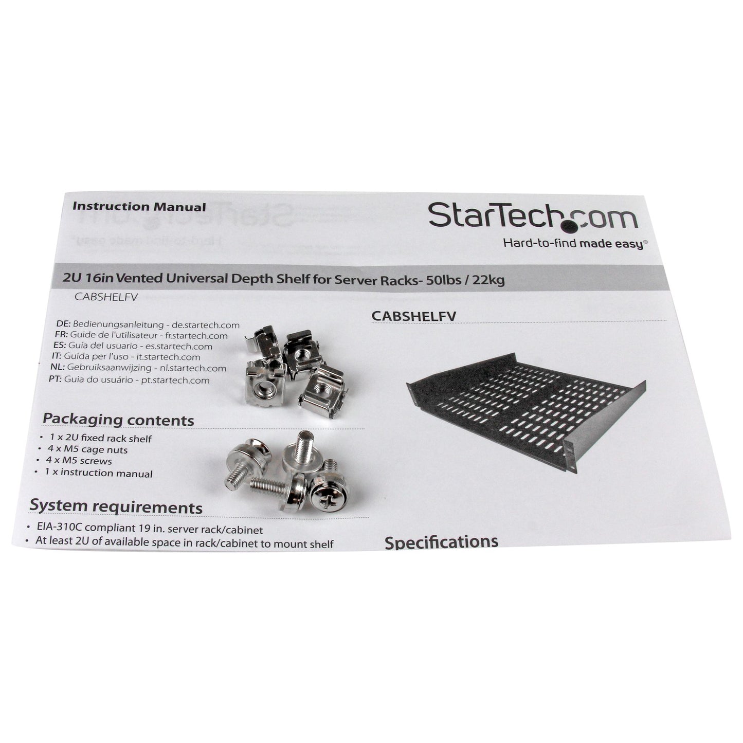 StarTech 2U Vented 16in Rack Shelf - Heavy-Duty Steel, 50lb Capacity