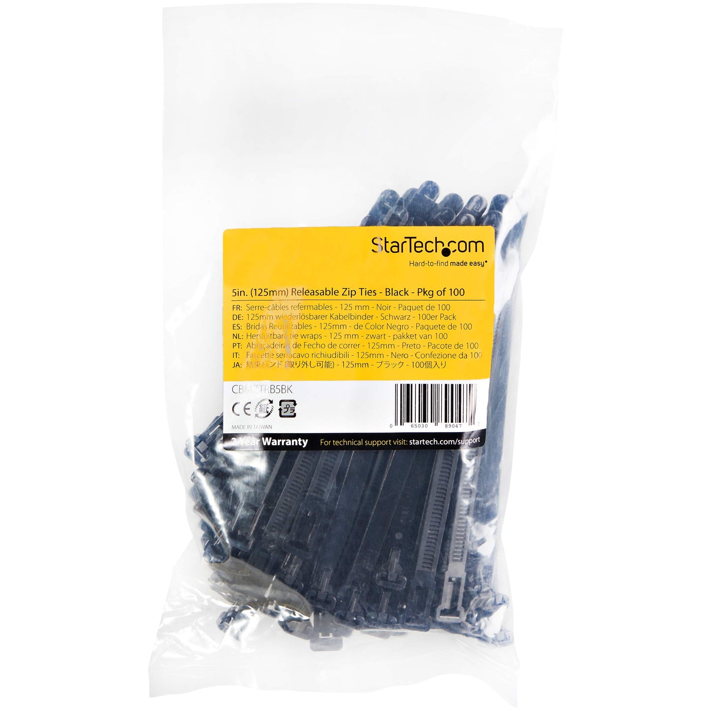 STARTECH 5" Reusable Nylon Cable Ties, 100 Pack, Black