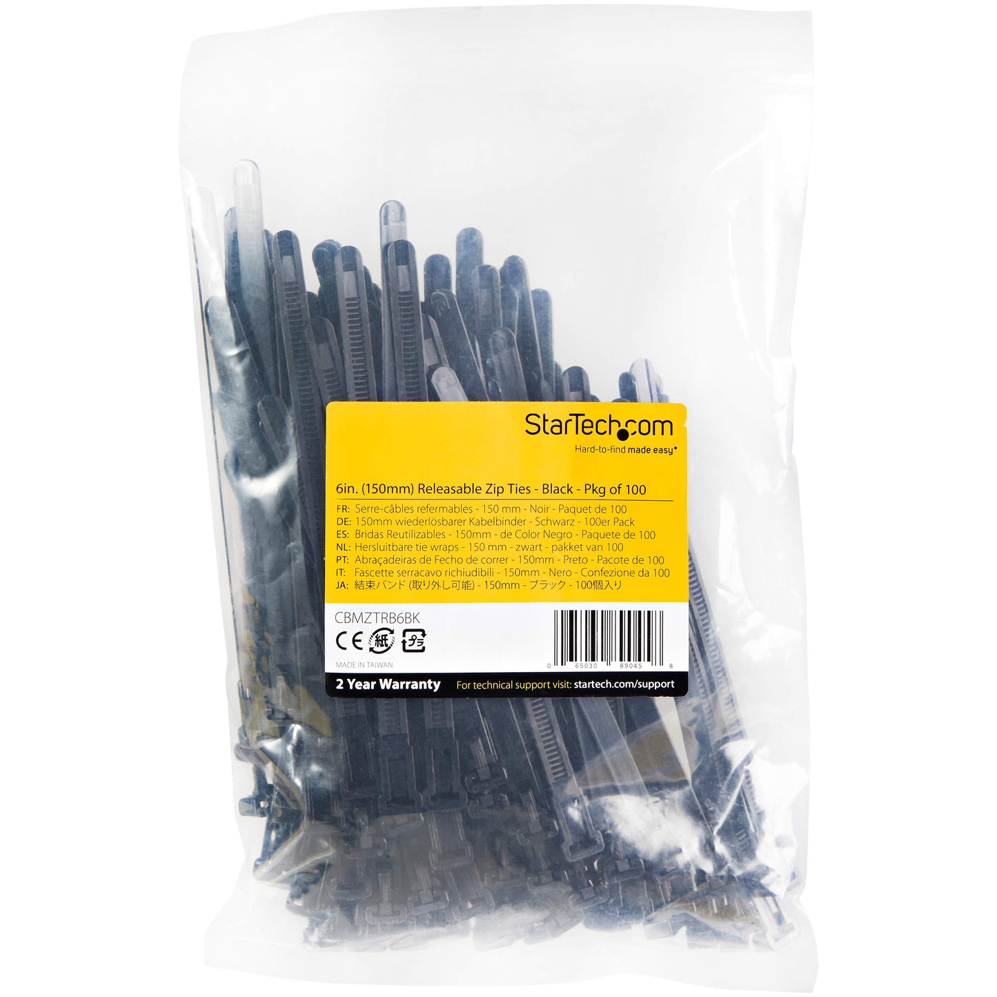 StarTech 6" Reusable Nylon Cable Ties, 100-Pack, Black