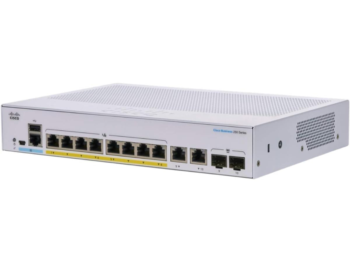 The Cisco CBS250-8FP-E-2G is a smart, rack-mountable, 8-port Gigabit Ethernet switch with full Power over Ethernet Plus (PoE+) capabilities and combo uplink ports. Designed for small to medium-sized business networks, it supports Layer 2 and Layer 3 media protocols, features robust remote management options, and delivers high energy efficiency. This remanufactured model offers powerful performance and reliable connectivity ideal for growing network infrastructures.