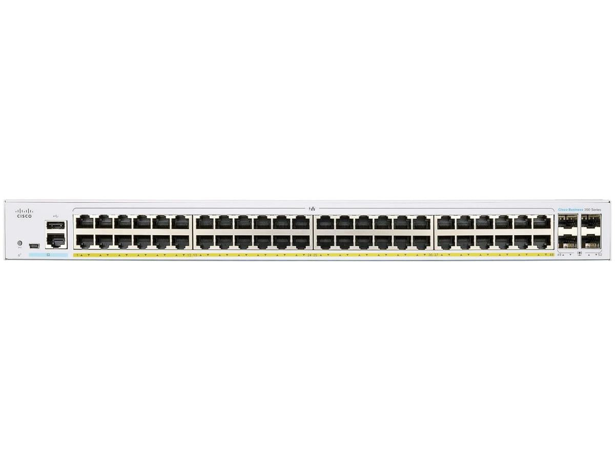 The Cisco CBS350-48P-4XNA-RF is a remanufactured 48-port managed Gigabit Ethernet switch, designed for reliable SMB and enterprise network deployments. It features PoE+ capabilities with a 370W power budget, four 10Gbps SFP+ uplinks, and advanced Layer 3 support. Optimized for performance and management, it includes robust security, high-port density, and simplified deployment tools.