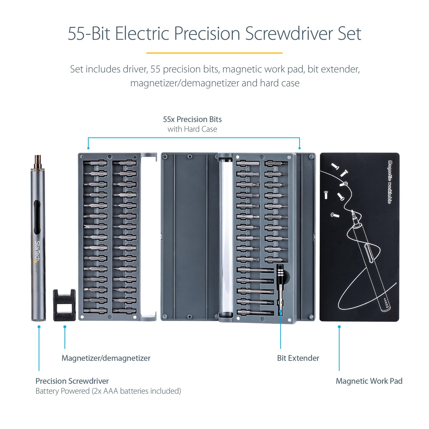 Kit de tournevis électrique de précision STARTECH 55 embouts avec étui et piles