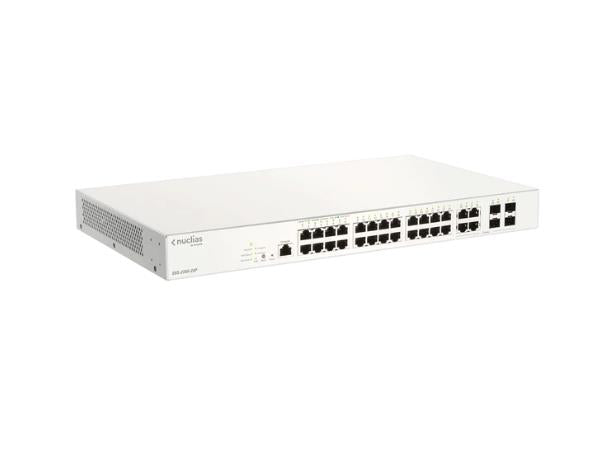 Nuclias Business Cloud 28 Port Gigabit Switch with 4 RJ45/SFP Combo Ports. Designed for centralized, cloud-based management, this rackmount switch provides flexible deployment and high-speed connectivity through its 28 Gigabit Ethernet ports and built-in security features.