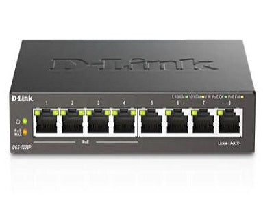 The D-Link DGS-1008P is an unmanaged 8-port desktop switch featuring Gigabit Ethernet performance and Power over Ethernet (PoE) support on four of its eight ports. Designed with simplicity and efficient power in mind, this compact switch is ideal for expanding wired networks in small offices or workgroups without requiring complex configurations.