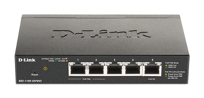 D-Link DGS-1100-05PDV2 PoE Passthrough Switch, 5-Port Gigabit