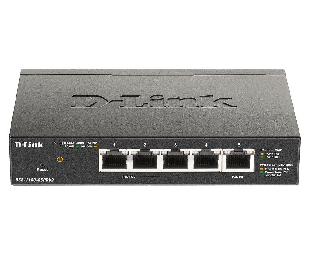 D-Link DGS-1100-05PDV2 PoE Passthrough Switch, 5-Port Gigabit
