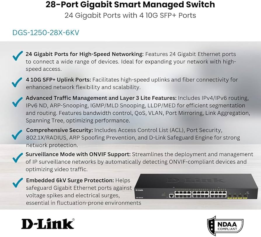 Commutateur intelligent géré 10 Gigabit D-Link DGS-1250-28X-6KV à 28 ports
