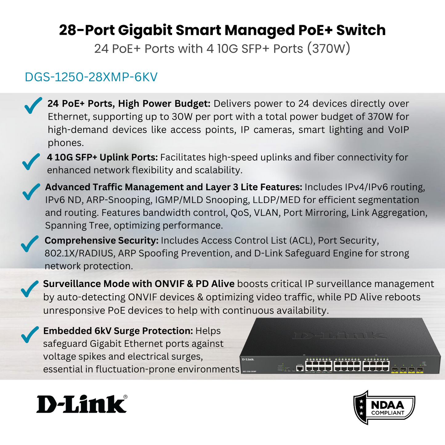 D-Link DGS-1250-28XMP-6KV Smart Managed PoE Switch with 10G Uplinks