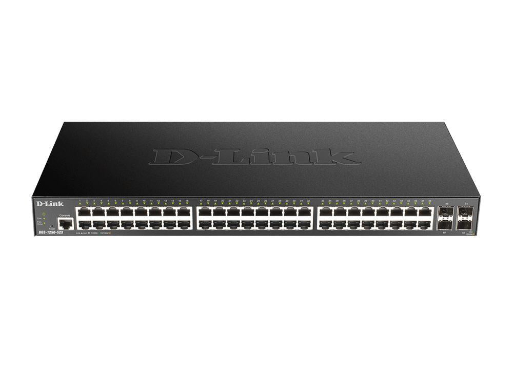D-Link's DGS-1250-52X-6KV is a 52-port Smart Managed Gigabit Switch designed for scalable, high-performance networking, offering enterprise-grade features and Lite Layer 3 static routing. It includes 48 Gigabit Ethernet ports and 4 10G SFP+ uplinks, providing robust throughput up to 176 Gbps. Built for reliability and flexibility, this rack-mountable switch includes advanced security, Quality of Service (QoS), surge protection, and a wide range of network management protocols.