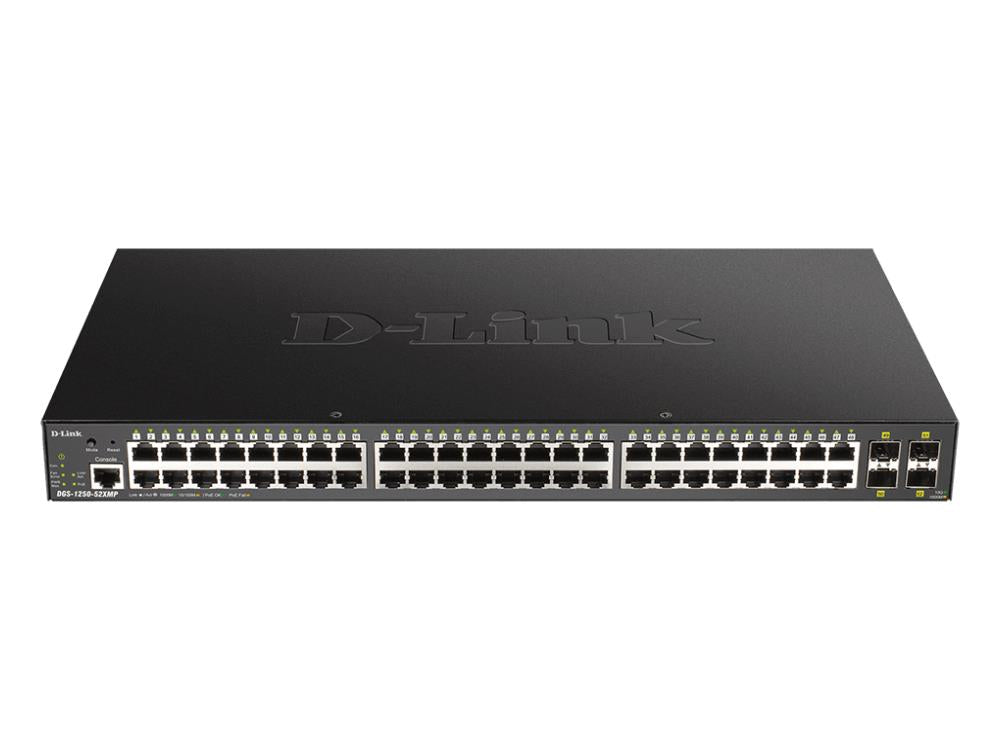 The D-Link DGS-1250-52XMP-6KV is a high-performance 52-port Smart Managed Gigabit PoE switch with 4 10G SFP+ uplinks and robust Layer 2/3 switching features. Designed for scalable deployments, it offers 370W PoE power, remote management, and enterprise-grade security. This 1RU wired solution is ideal for high-density networking in business and campus environments.
