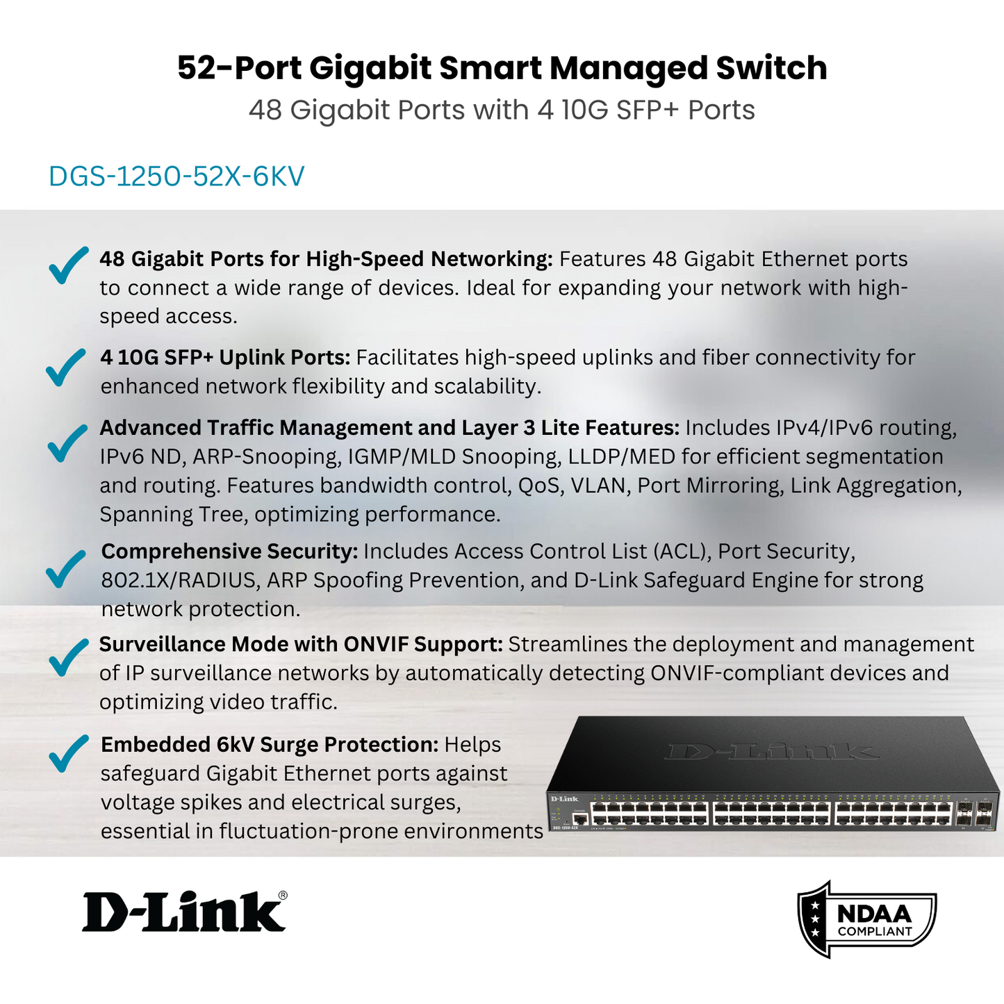 Commutateur Gigabit PoE intelligent géré D-Link DGS-1250-52XMP-6KV 52 ports