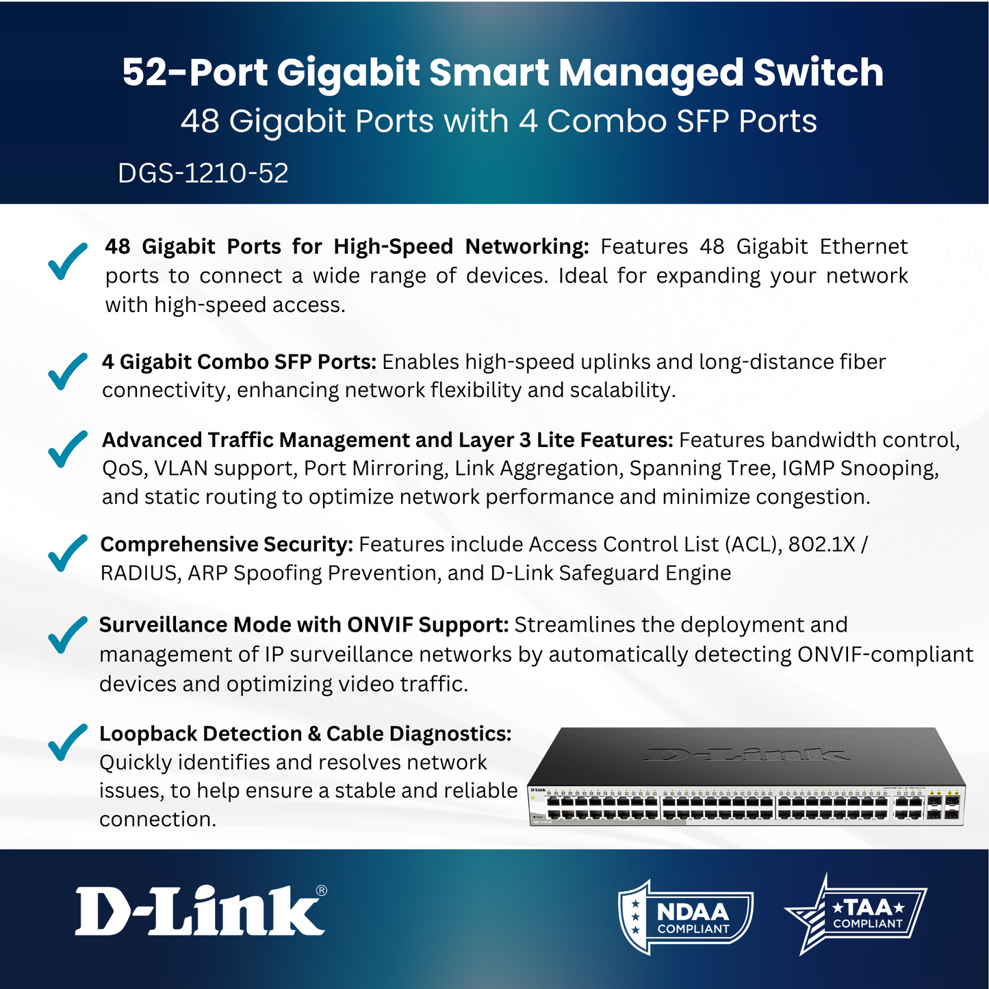 Commutateur PoE intelligent géré Gigabit 48 ports D-Link DGS-1510-52XMP