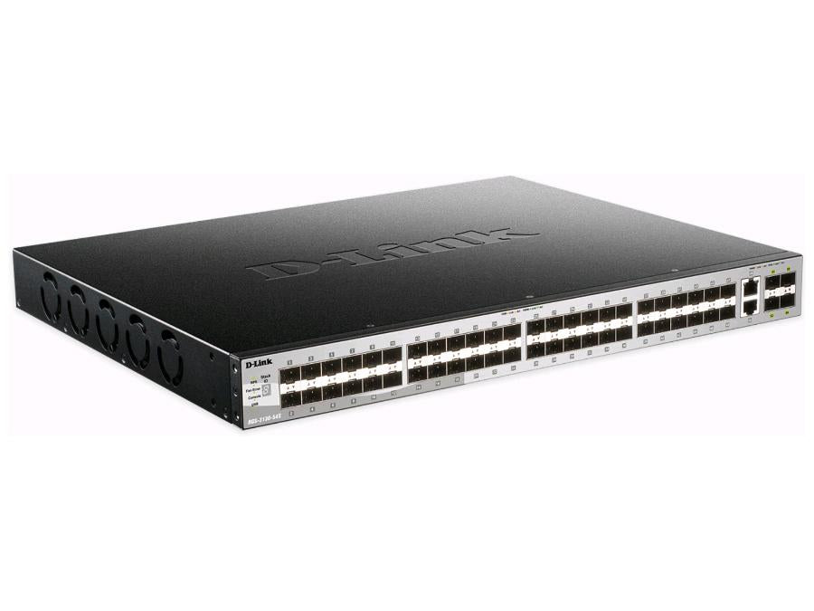 The D-Link DGS-3130-54S is a 54-port Layer 3 stackable managed switch equipped with 48 x 1Gbps SFP ports, 2 x 10GBASE-T ports, and 4 x 10G SFP+ uplink ports. It supports advanced Layer 3 routing protocols including static routing, RIP/RIPng, and OSPFv2/v3, as well as IGMP snooping for multicast traffic management. Designed for enterprise-grade deployments, it offers enhanced network performance, security, and redundancy with optional dual power supplies.