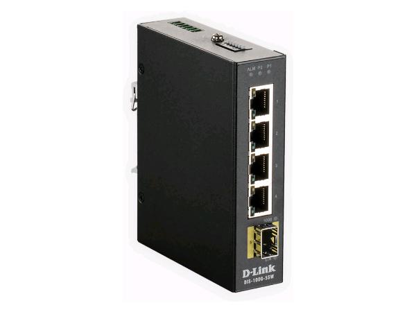 The D-LINK DIS-100G-5SW is a rugged, 5-port unmanaged industrial switch designed for high performance in extreme environments. It includes four 10/100/1000BASE-T ports and one SFP port, supporting operation from -40°C to +75°C. Ideal for mission-critical industrial and IoT deployments, it offers durable performance, TAA compliance, and a limited lifetime warranty.