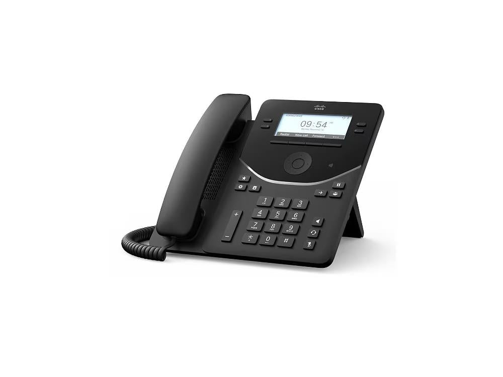 Cisco Desk Phone 9841 offers dependable communication performance with TAA compliance and an ergonomic design in Carbon Black. It features a 3.5-inch grayscale LCD, backlit indicators for message waiting, and full compatibility with Unified Communications platforms. Designed for professional environments, it supports a wide range of voice codecs and offers versatile multiline operation.