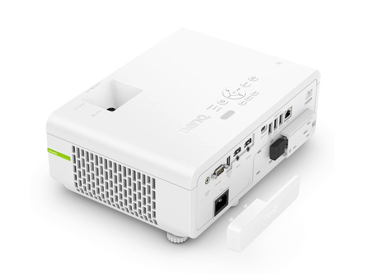 The BENQ EH700 is a high-performance laser projector featuring 4000 ANSI lumens brightness, Full HD 1080p resolution, and a dynamic contrast ratio of 3,000,000:1. Designed for rich multimedia experiences, it includes LAN connectivity, integrated speakers, and a built-in Android 9 OS to support USB plug-n-play and app downloads. With its flexible throw ratio and compact design, the EH700 is ideal for meetings, classrooms, and media presentations.