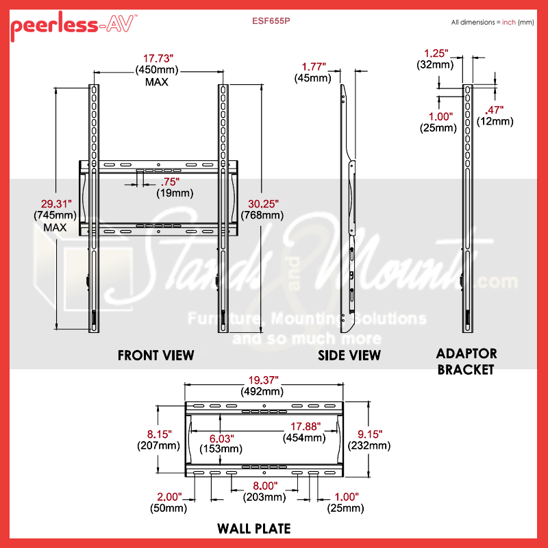 Support portrait extérieur Peerless ESF655P pour écrans de 42 à 55 pouces