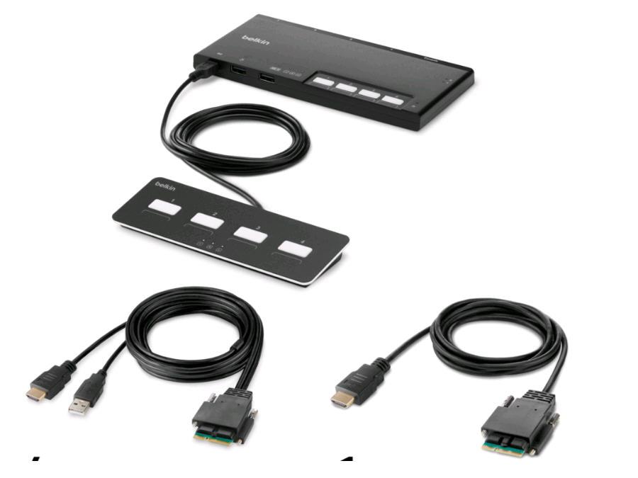 Belkin 4-Port Single Head HDMI Modular Secure KVM Switch PP4.0 with remote enables seamless control of multiple systems while maintaining the highest security standards. It supports 4K resolution at 30Hz over a single HDMI monitor and complies with TAA for use in government and enterprise environments.