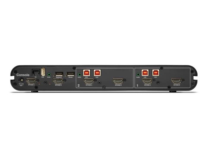 Belkin's 2-Port Dual Head DP/HDMI to DP/HDMI Secure Desktop KVM Switch (PP4.0) offers seamless video switching and robust data protection for high-security environments. Featuring NIAP Protection Profile 4.0 compliance, dual monitor support, and CAC compatibility, this device ensures both convenience and secure operability across two machines simultaneously.